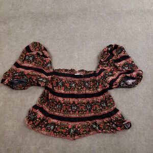 Ranna‎ Gill Shirt Womens Small Black Floral Smocked Peplum Puff Sleeve Bohemian